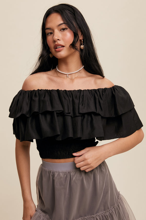 Tiered Ruffle Smocked Top in Black