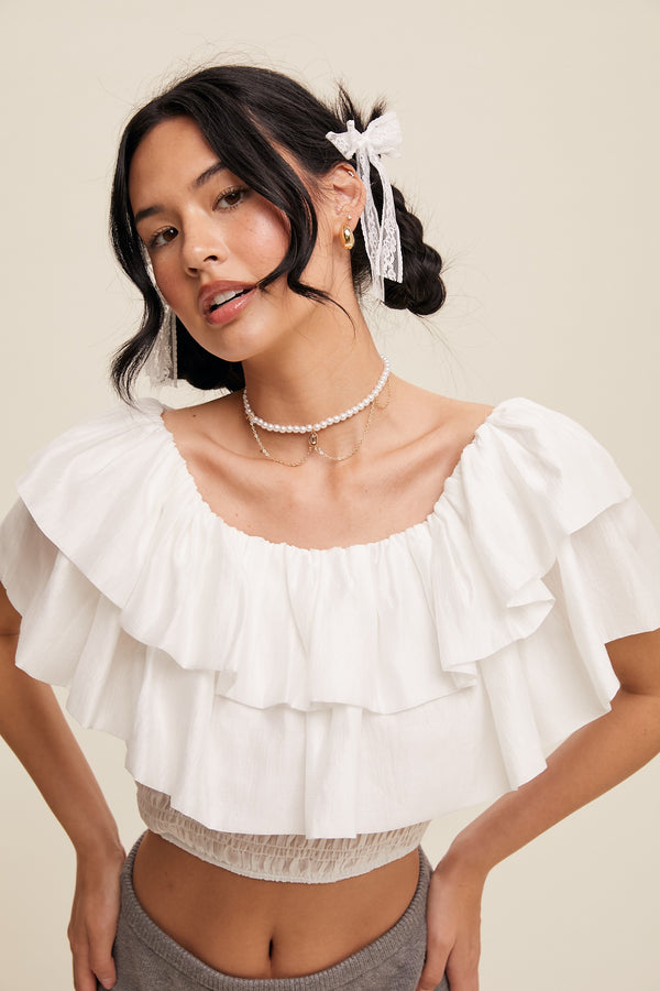 Tiered Ruffle Smocked Top in White