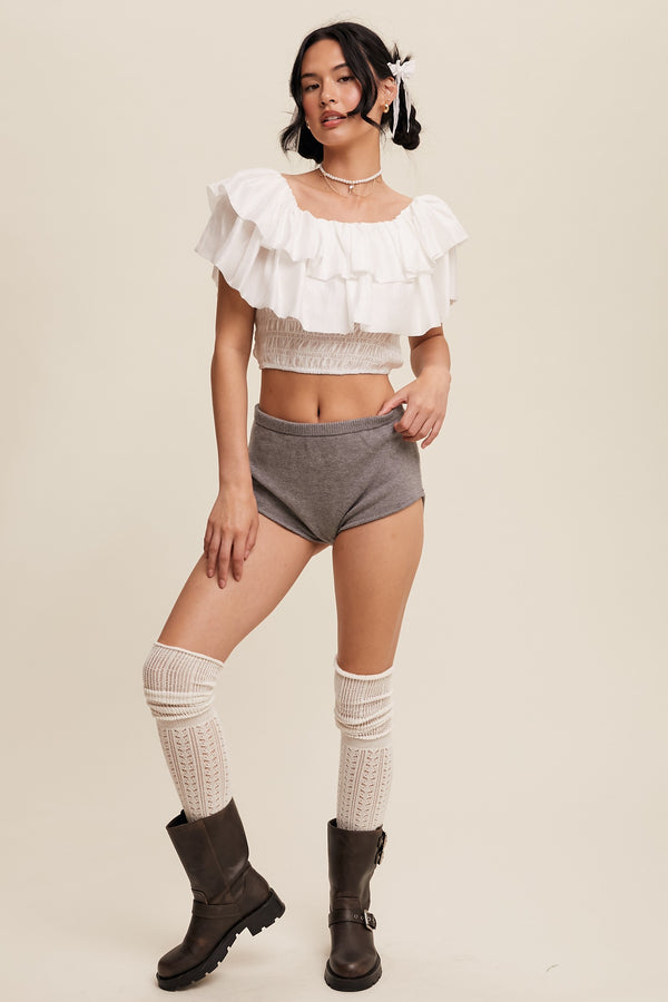 Tiered Ruffle Smocked Top in White