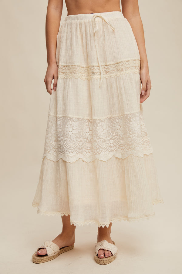 Tiered Lace Maxi Skirt in Cream