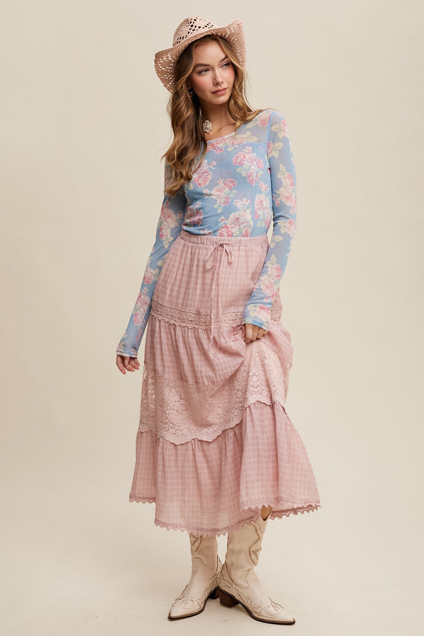 Tiered Lace Maxi Skirt in Blush