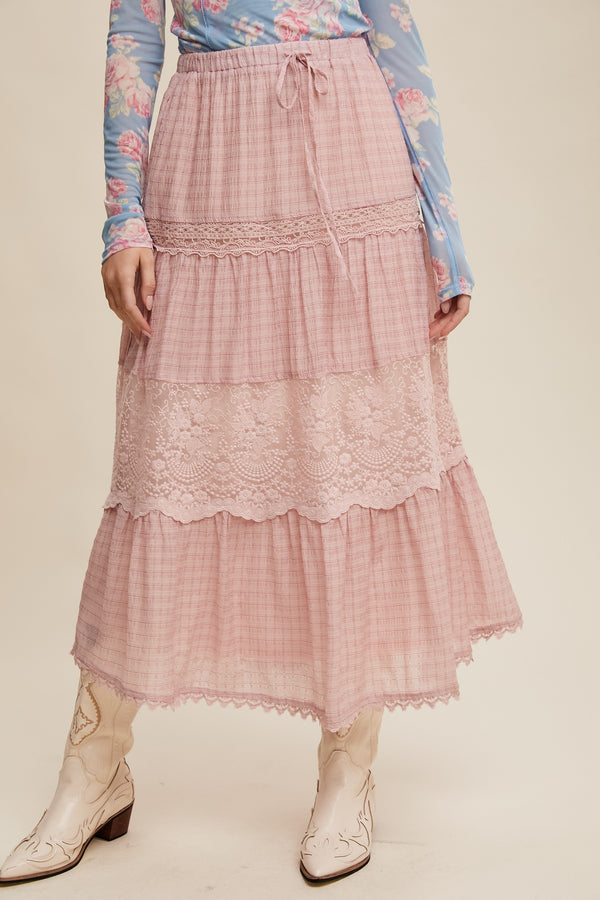 Tiered Lace Maxi Skirt in Blush
