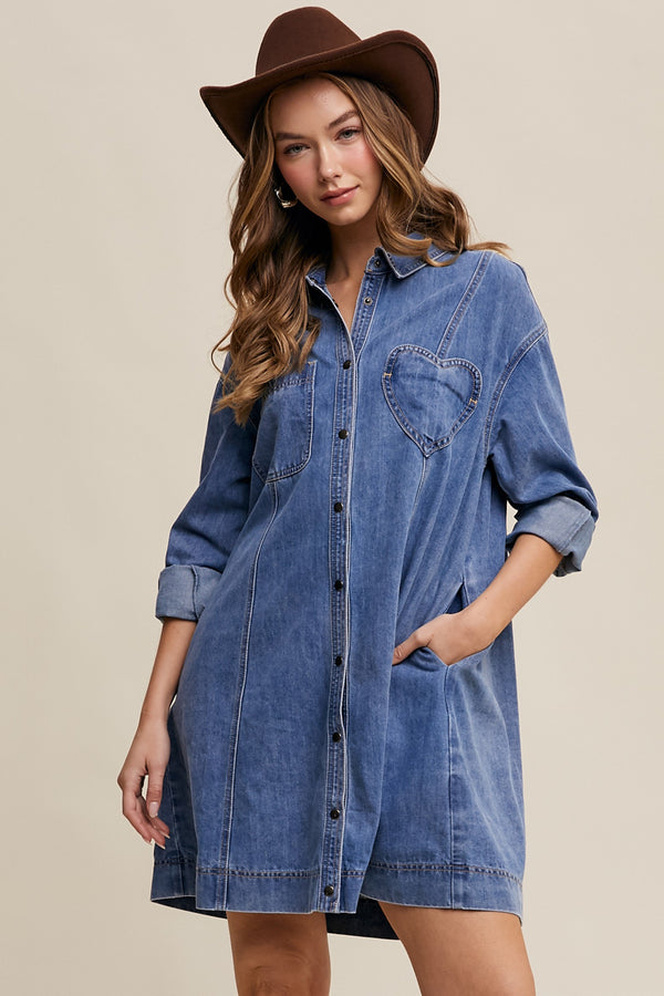 Denim Heart-pocket Shirt Dress