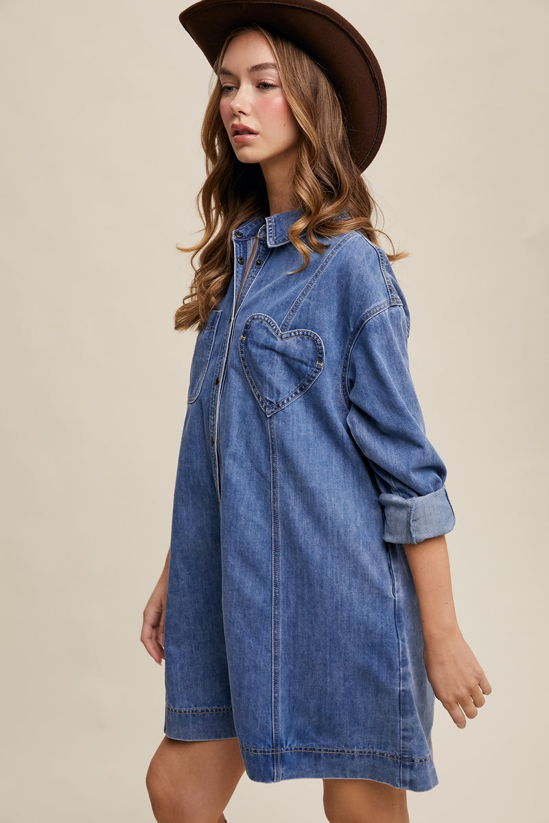 Denim Heart-pocket Shirt Dress