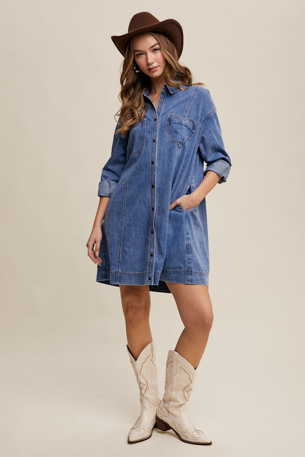 Denim Heart-pocket Shirt Dress