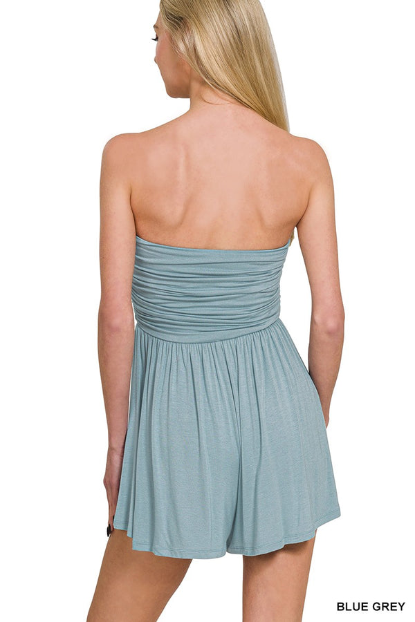 Double Layered Strapless Tube Top Romper in Blue Grey