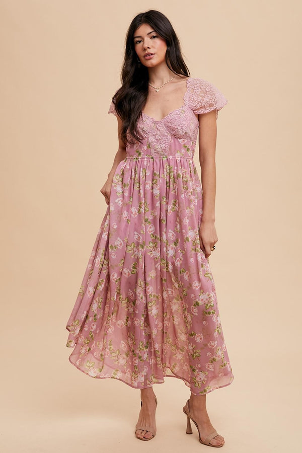 PANELED LACE FLORAL MAXI DRESS in Peony- Final Sale