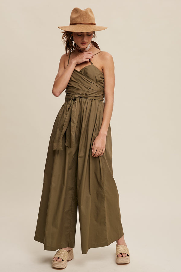 Wide-leg Jumpsuit With Removable Straps And Lining in Deep Olive