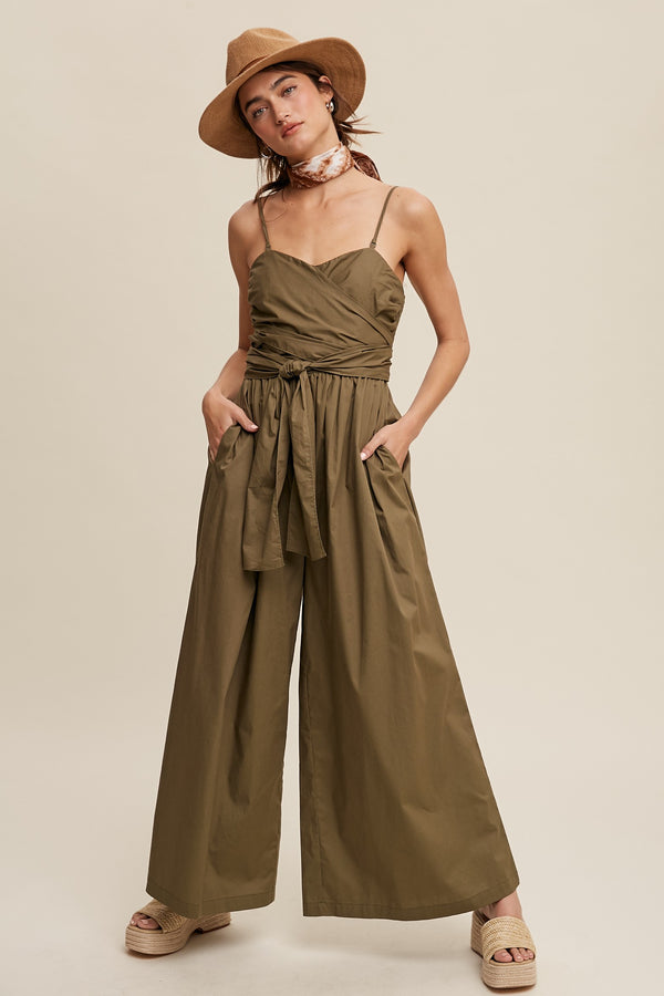 Wide-leg Jumpsuit With Removable Straps And Lining in Deep Olive