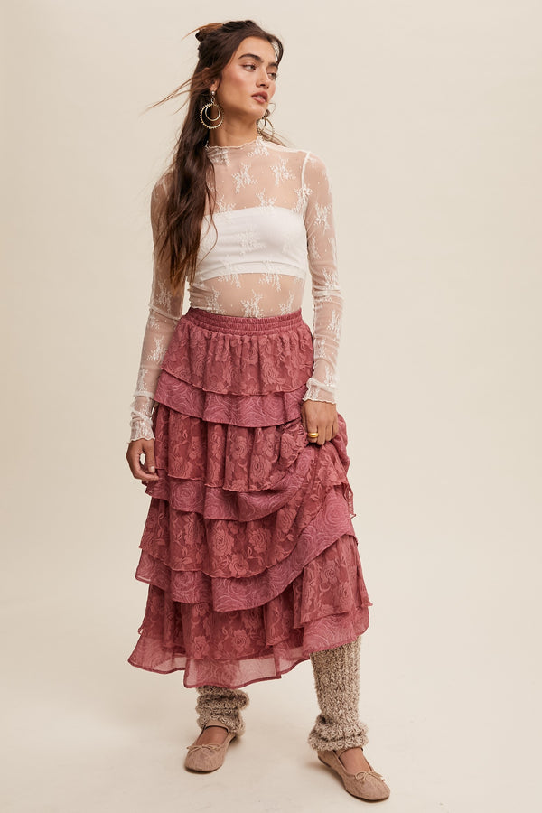 Lace Tiered Maxi Skirt in Dusty Rose