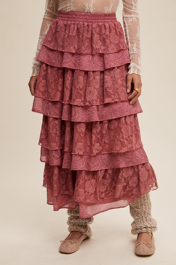 Lace Tiered Maxi Skirt in Dusty Rose