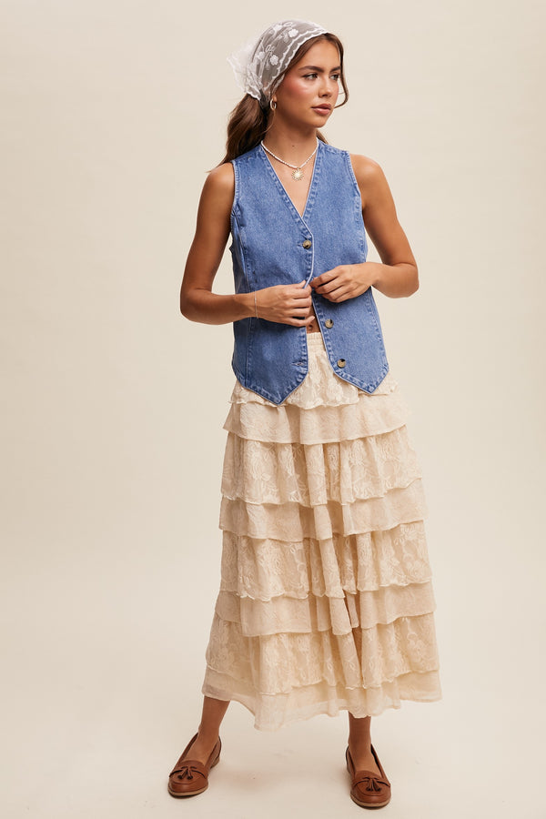 Lace Tiered Maxi Skirt in Cream