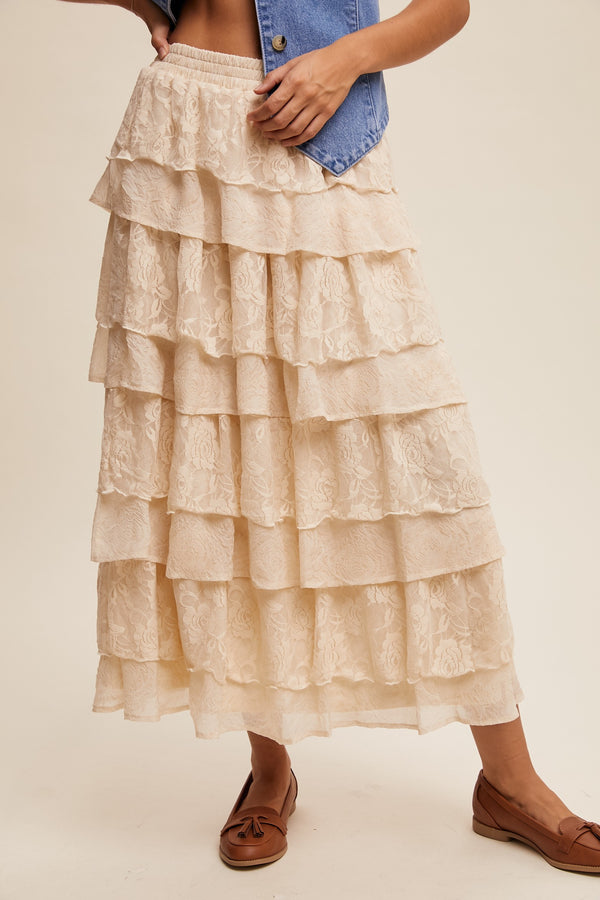 Lace Tiered Maxi Skirt in Cream