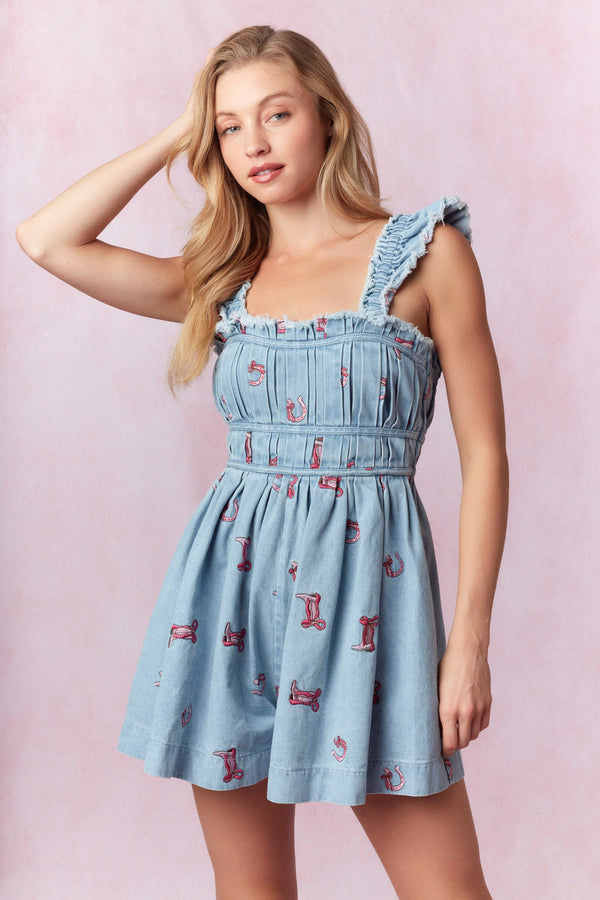 Western Theme Embroidery Washed Denim Romper