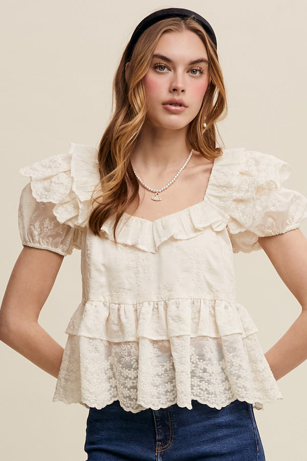 Embroidered Ruffled Peplum Blouse in Ecru