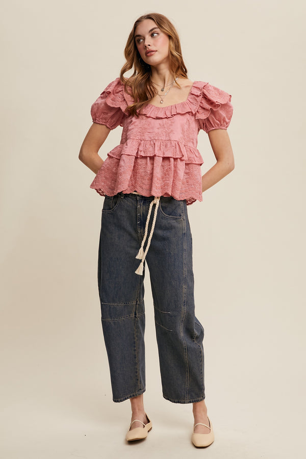 Embroidered Ruffled Peplum Blouse in Rosette