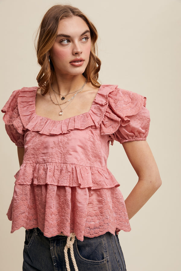Embroidered Ruffled Peplum Blouse in Rosette