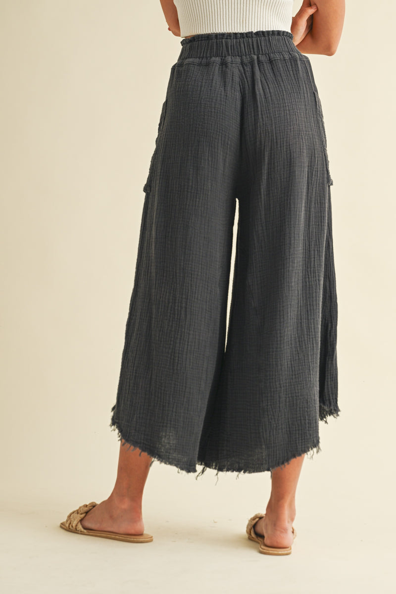 Charcoal Mineral Washed Fray Hem Linen Cotton Blended Wide Leg Pants