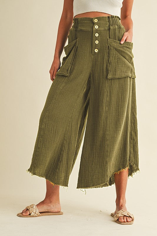 Olive Mineral Washed Fray Hem Linen Cotton Blended Wide Leg Pants