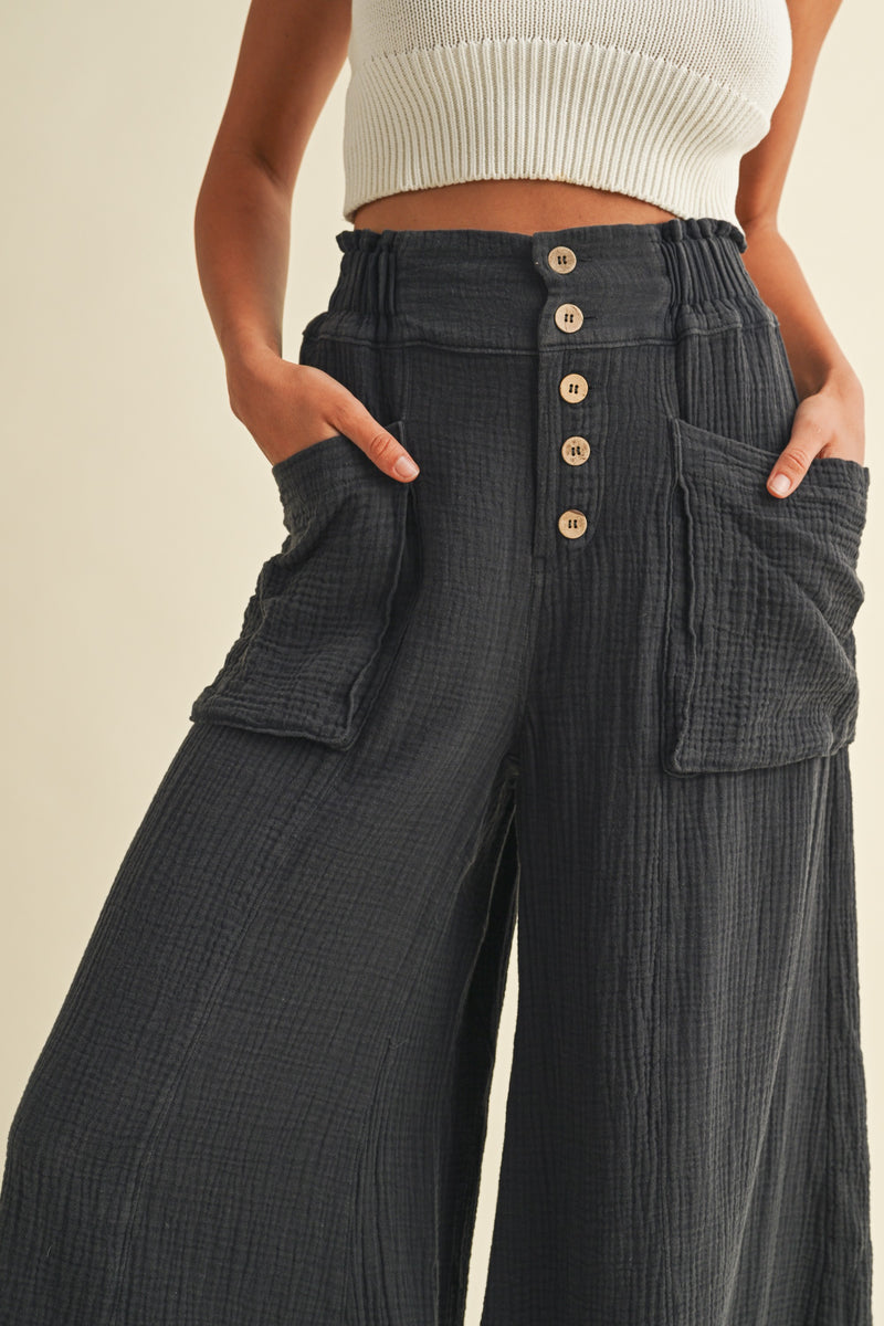 Charcoal Mineral Washed Fray Hem Linen Cotton Blended Wide Leg Pants