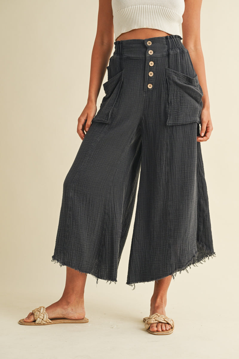 Charcoal Mineral Washed Fray Hem Linen Cotton Blended Wide Leg Pants