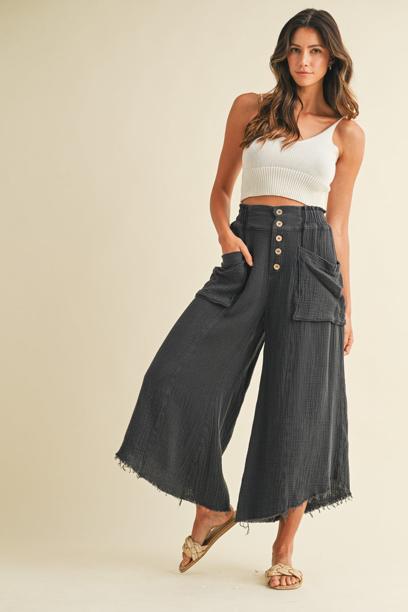 Charcoal Mineral Washed Fray Hem Linen Cotton Blended Wide Leg Pants