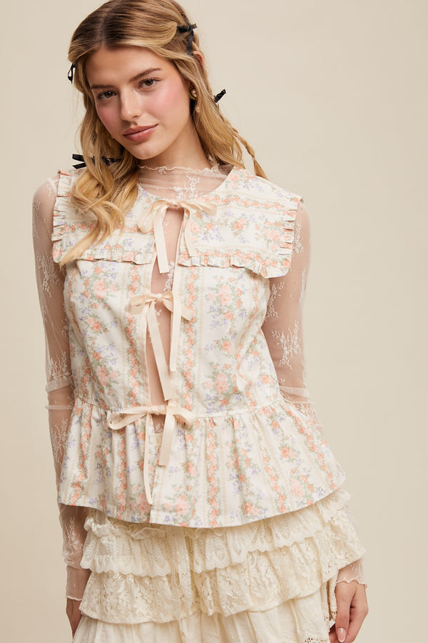 Floral Peplum Blouse With Ruffle Details in Peach