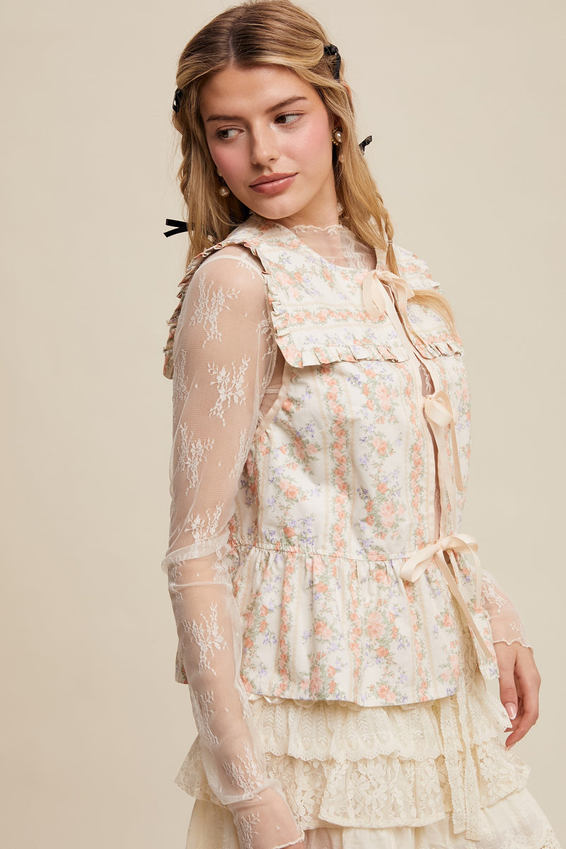 Floral Peplum Blouse With Ruffle Details in Peach