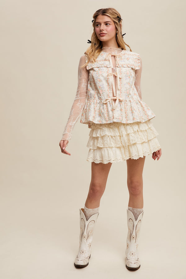 Floral Peplum Blouse With Ruffle Details in Peach