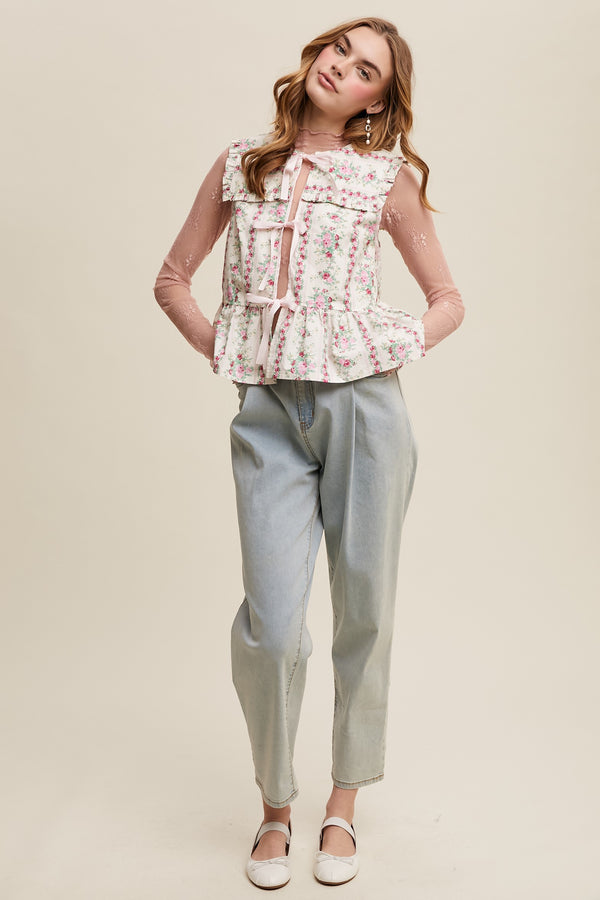 Floral Peplum Blouse With Ruffle Details in Pink