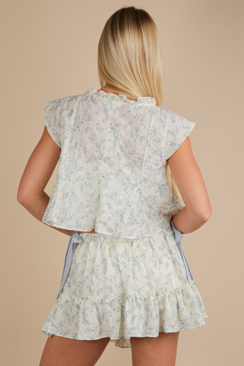 Floral Printed Side Bow Mini Skirt with Shorts in SKY