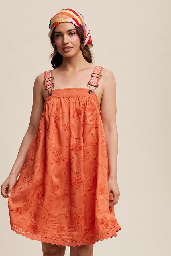 Romantic Embroidered Overall Dress in Coral