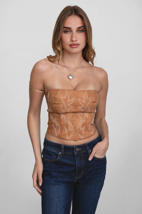 Beckee Leather Embroidered Western Corset Top in Tan