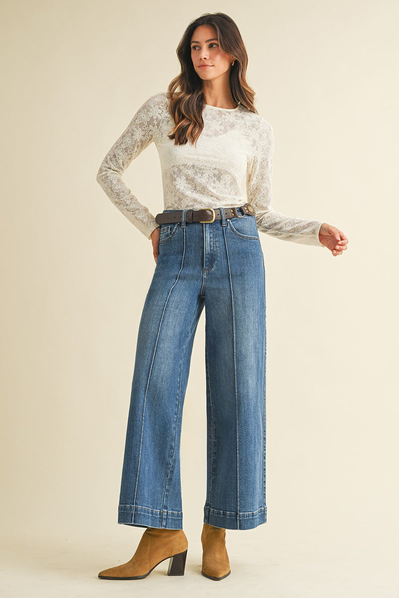 Medium Denim Stretch High Rise Pin Tuck Wide Leg Jean