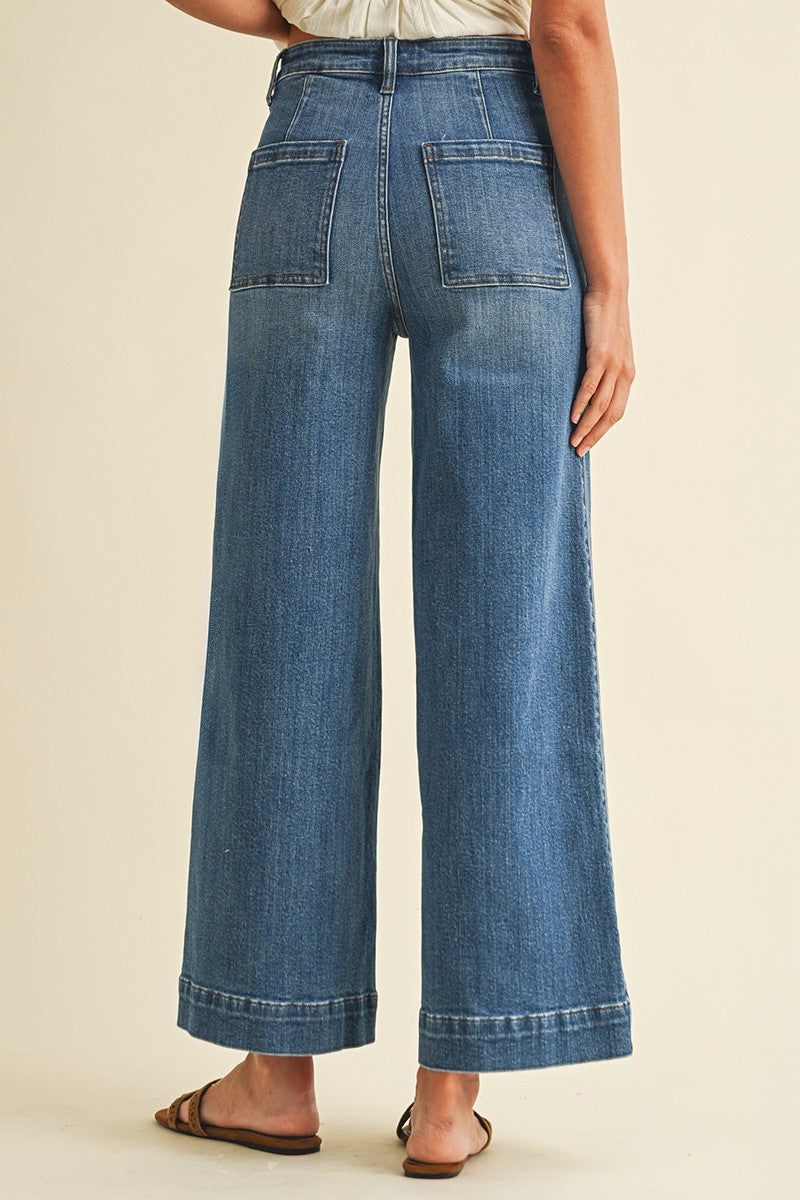 Medium Denim Stretch High Rise Pin Tuck Wide Leg Jean