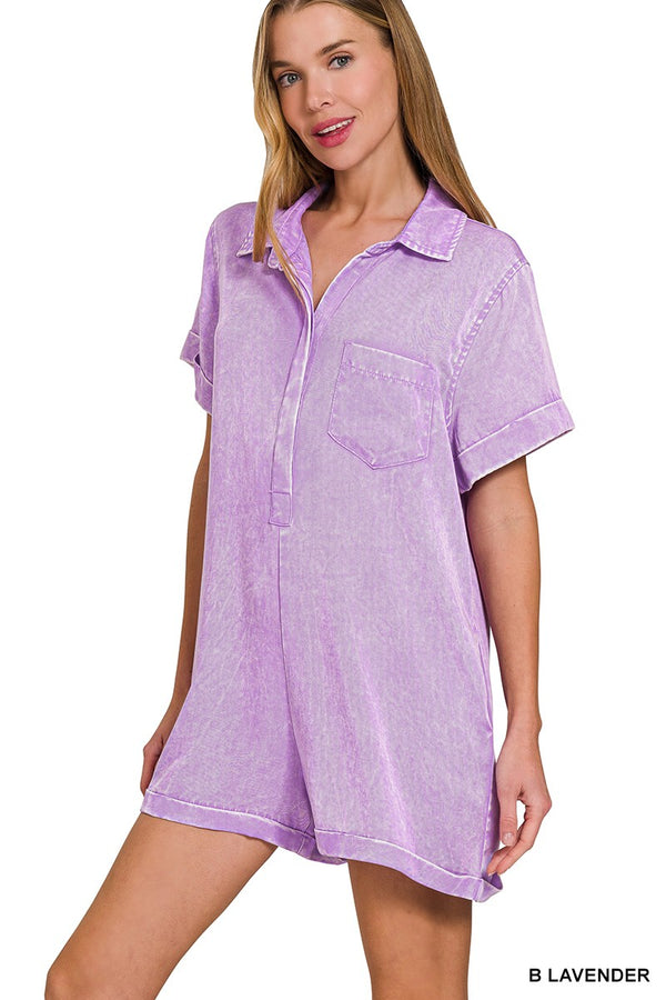Tencel Mineral Washed Half Button Shirts Romper in Lavender