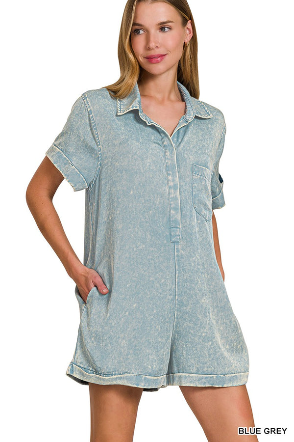 Tencel Mineral Washed Half Button Shirts Romper in Blue Grey