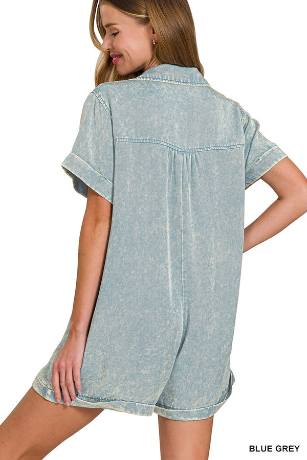 Tencel Mineral Washed Half Button Shirts Romper in Blue Grey