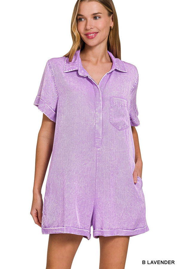 Tencel Mineral Washed Half Button Shirts Romper in Lavender