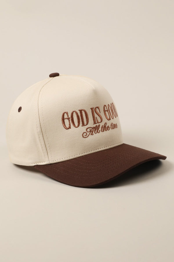 God Is Good All The Time Embroidery Trucker Hat in Brown
