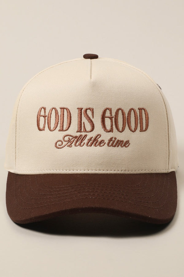 God Is Good All The Time Embroidery Trucker Hat in Brown