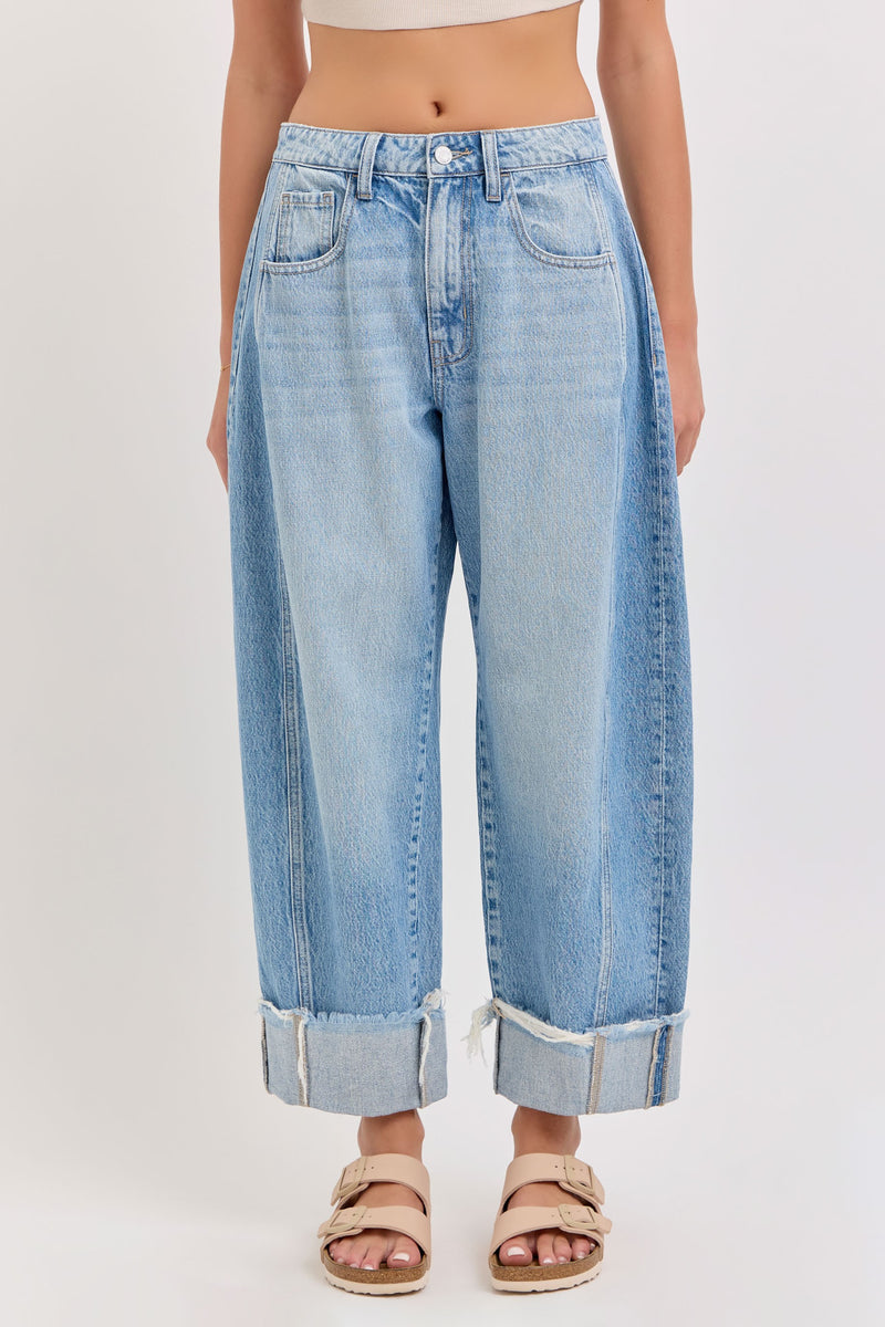 Mid Rise Waisted Barrel Leg Jeans with Cuff