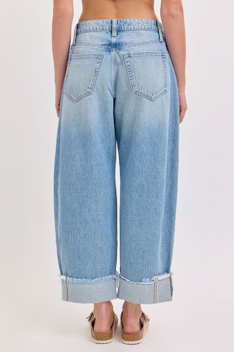 Mid Rise Waisted Barrel Leg Jeans with Cuff