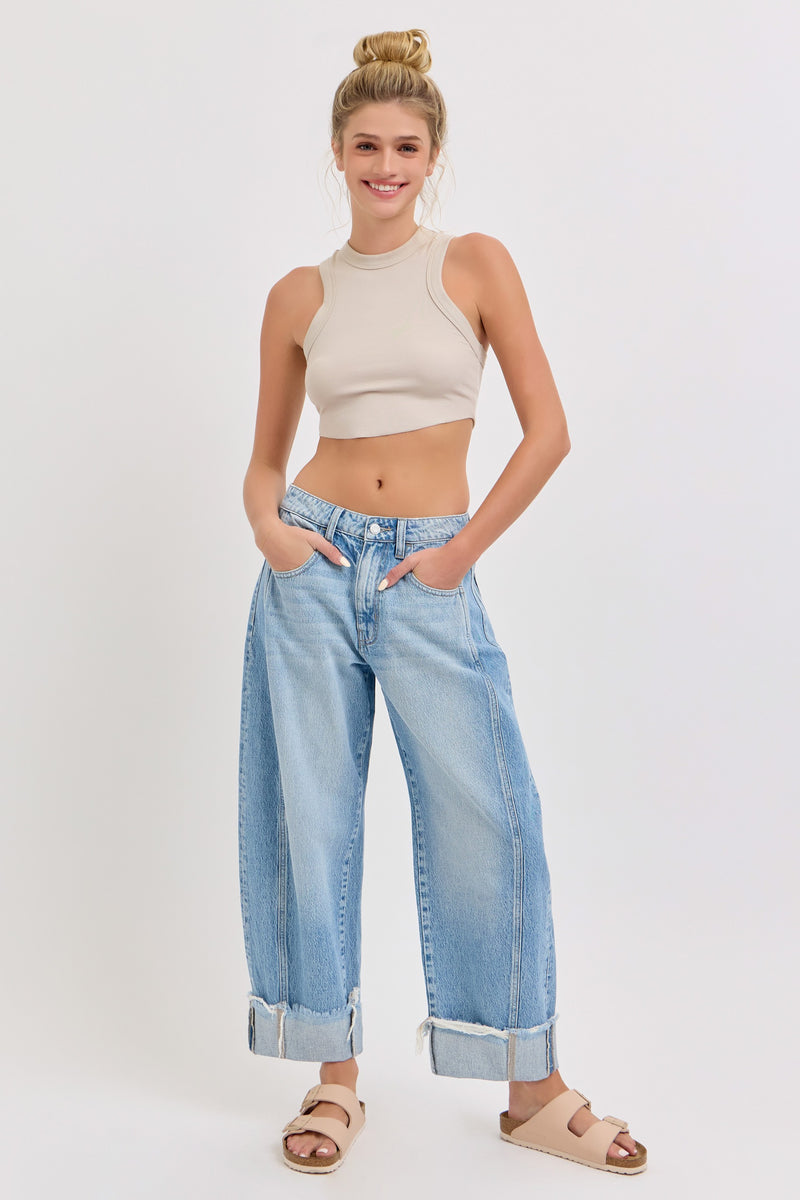 Mid Rise Waisted Barrel Leg Jeans with Cuff