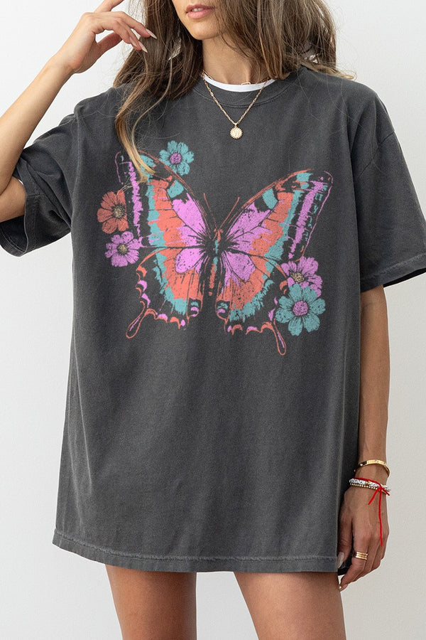 Retro Butterfly Flowers Graphic Comfort Colors Tee in Pepper