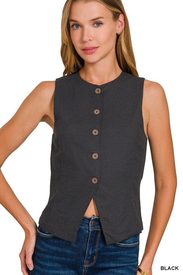 Linen 5 Button Vest in Black
