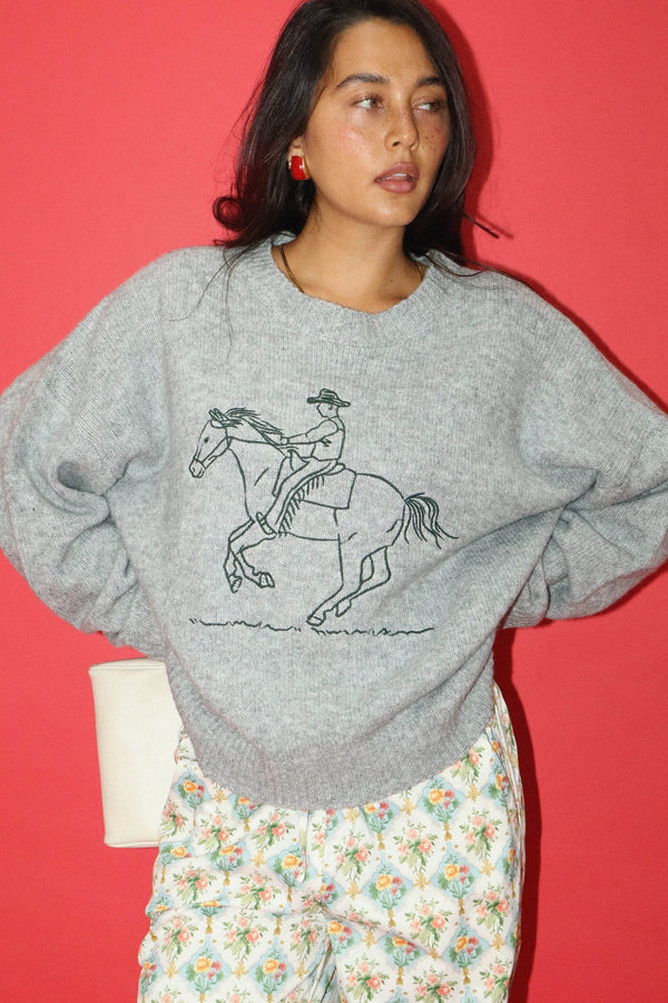 Grey Embroidered Cowboy Knit Sweater