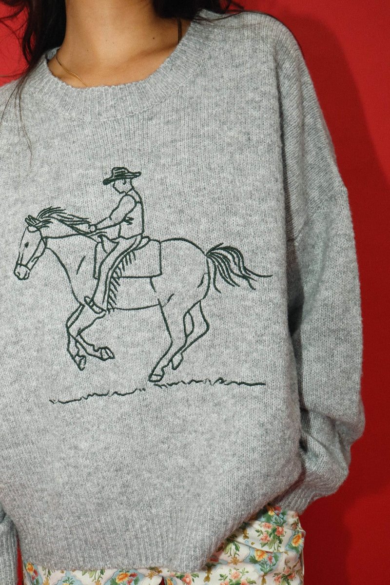 Grey Embroidered Cowboy Knit Sweater