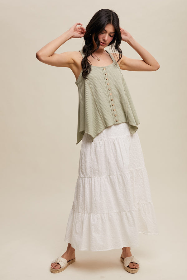 Waffle Knit Button Front Tank in Sage