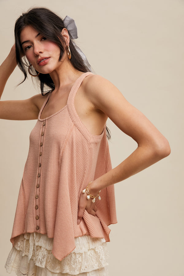 Waffle Knit Button Front Tank in Blush